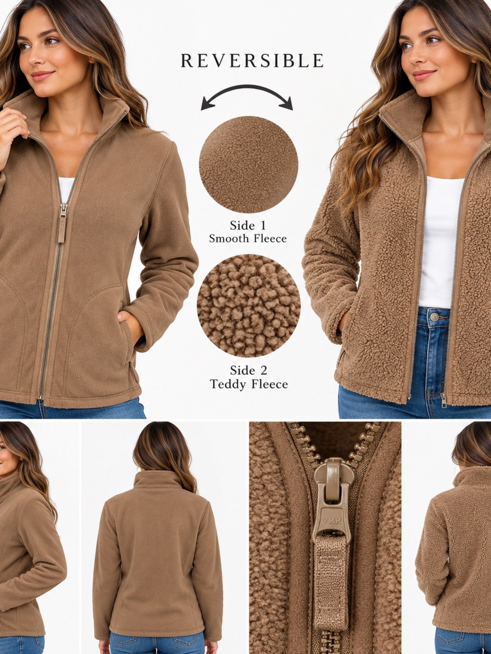 Reversible Teddy Fleece Jacket - Taupe